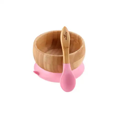 Avanchy Baby Bamboo Stay Put Suction Bowl + Spoon Pink