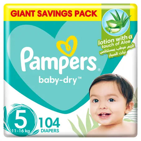 Pampers Aloe Vera Taped Diapers, Size 5, 11-16kg, Mega Box, 104 Diapers