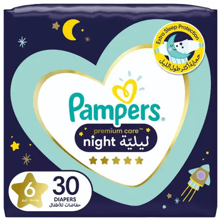 Pampers Premium Care Night Diapers, Size 6, 14+kg, 30 Diapers